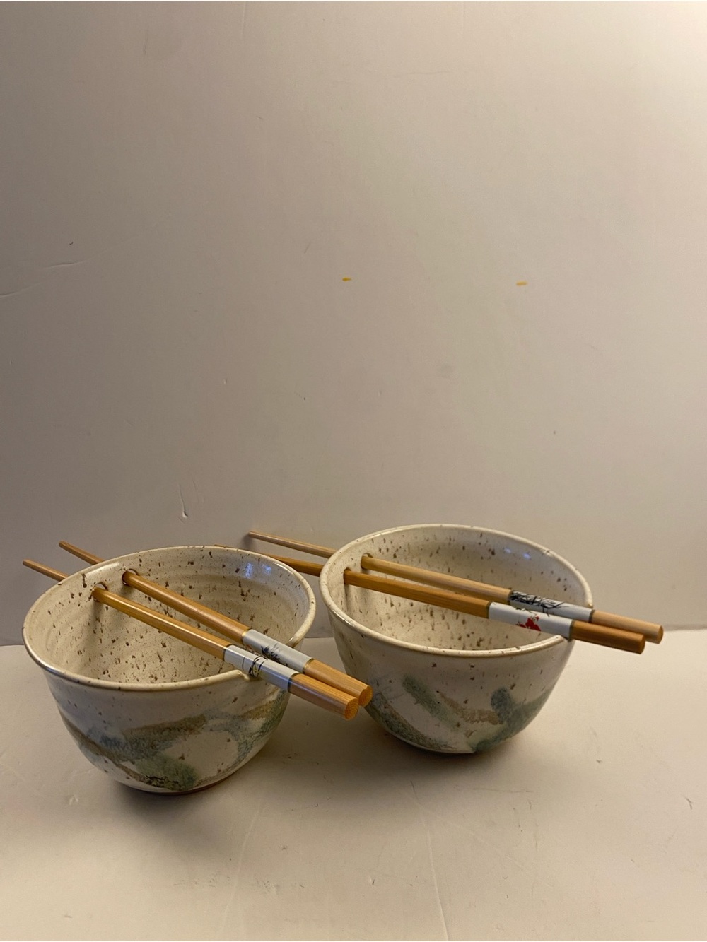 Handmade Signed Ceramic Rice Bowls with Bamboo Chopsticks - Speckled and Blue